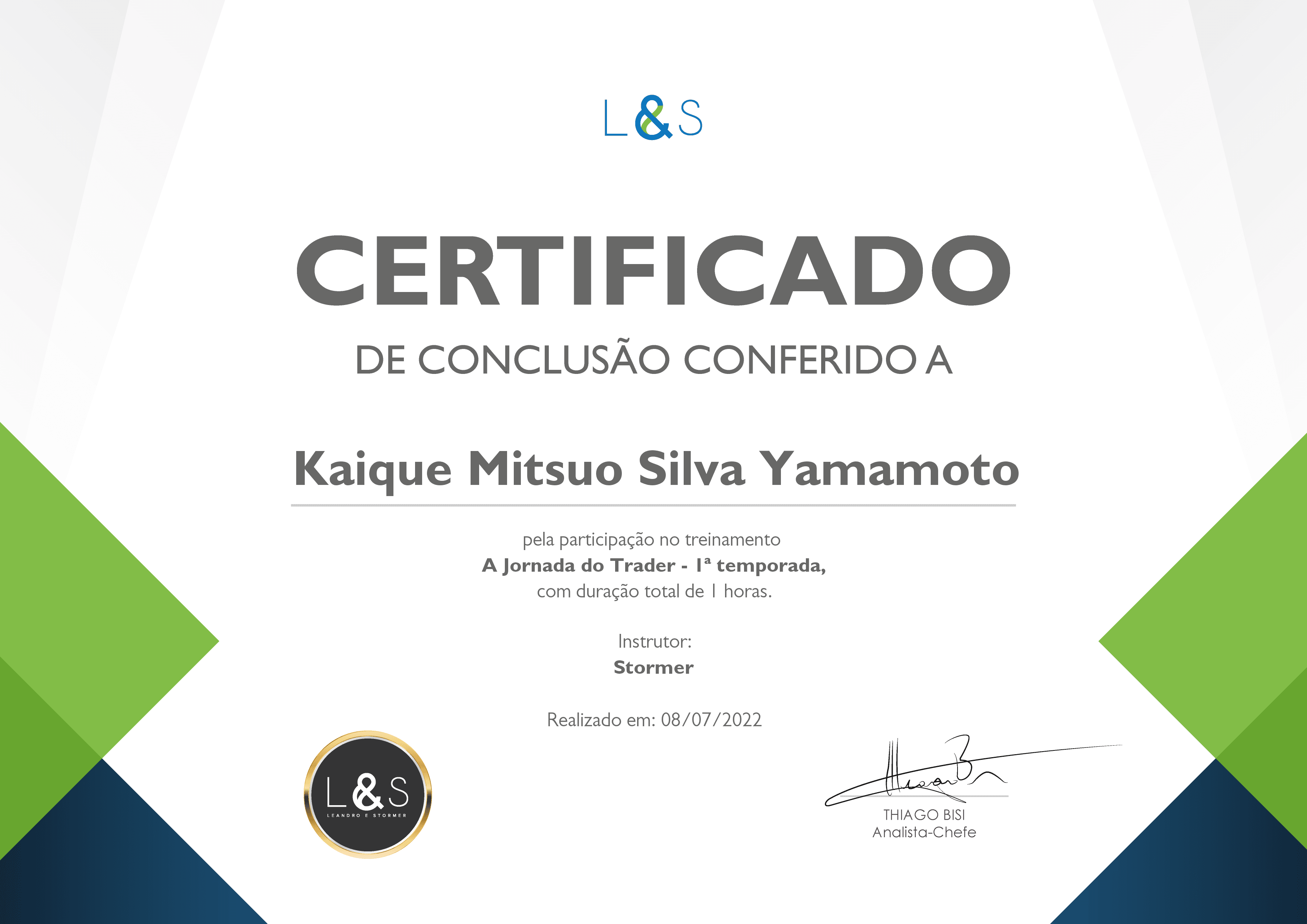 Certificado A Jornada do Trader - 1ª temporada