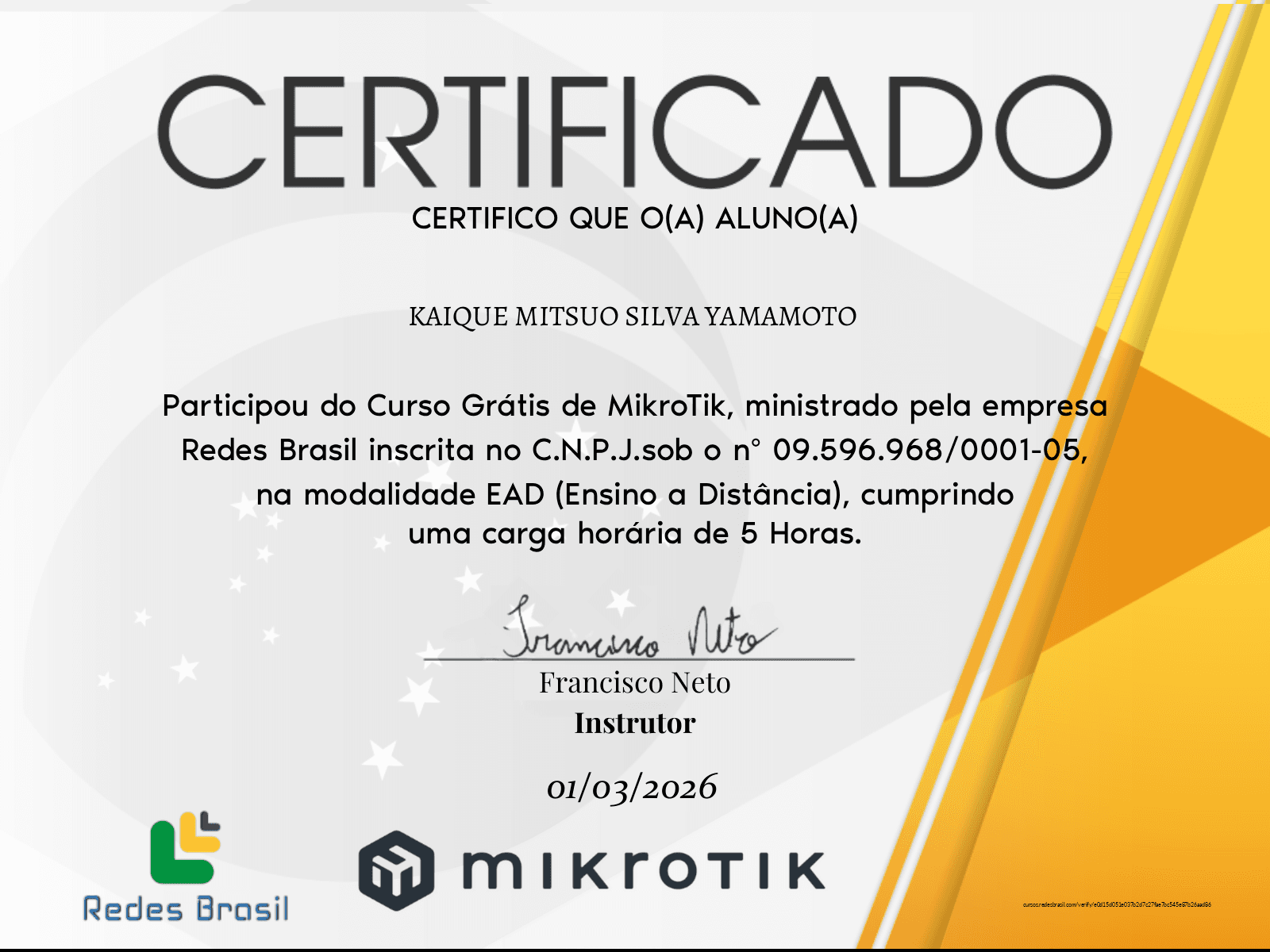 Certificado Curso Gratis de MikroTik - Redes Brasil